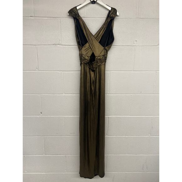 Mac Duggal Sz 0 Gold Metallic Draped Slit Halter Neck Cocktail Evening Gown - Picture 5 of 8